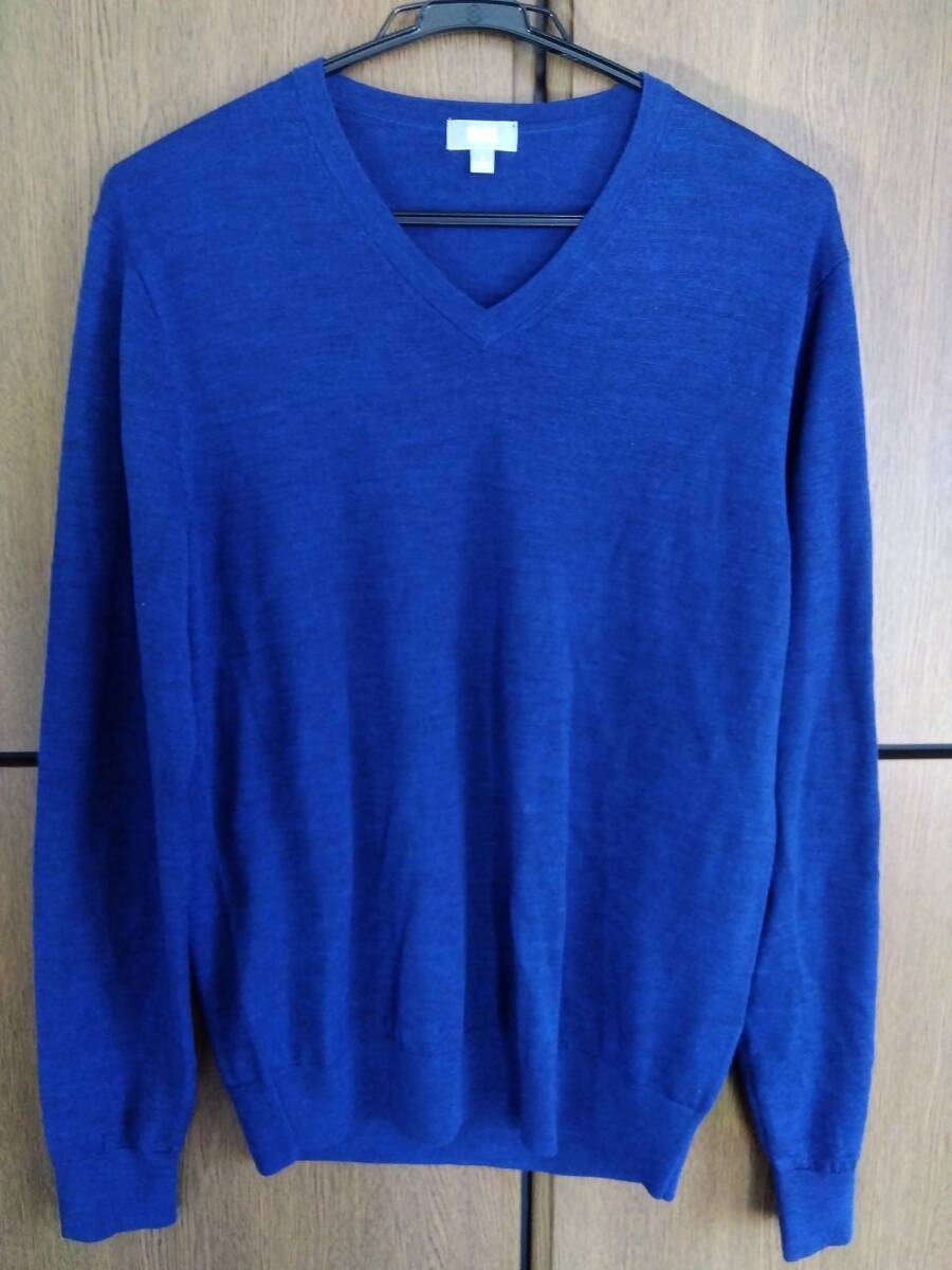 美品◆メンズ UNIQLO ウール100% Vネックセーター◆Sサイズ ダークブルー拍卖