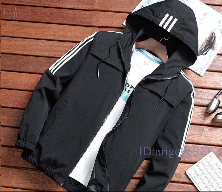 X445☆新品男女兼用 ジャケット フード付き 袖ライン 防風 春 ジップパーカー マウンテンパーカー メンズ ウインドブレーカー 春服/黒;L拍卖
