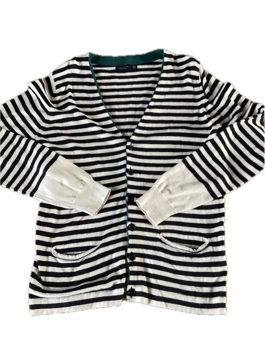 ZARA MAN ザラマン ボーダー カーディガン Mサイズ 綿100% ネイビー×ホワイト ブルガリア製 メンズ 長袖 春秋 羽織り シンプル skull拍卖