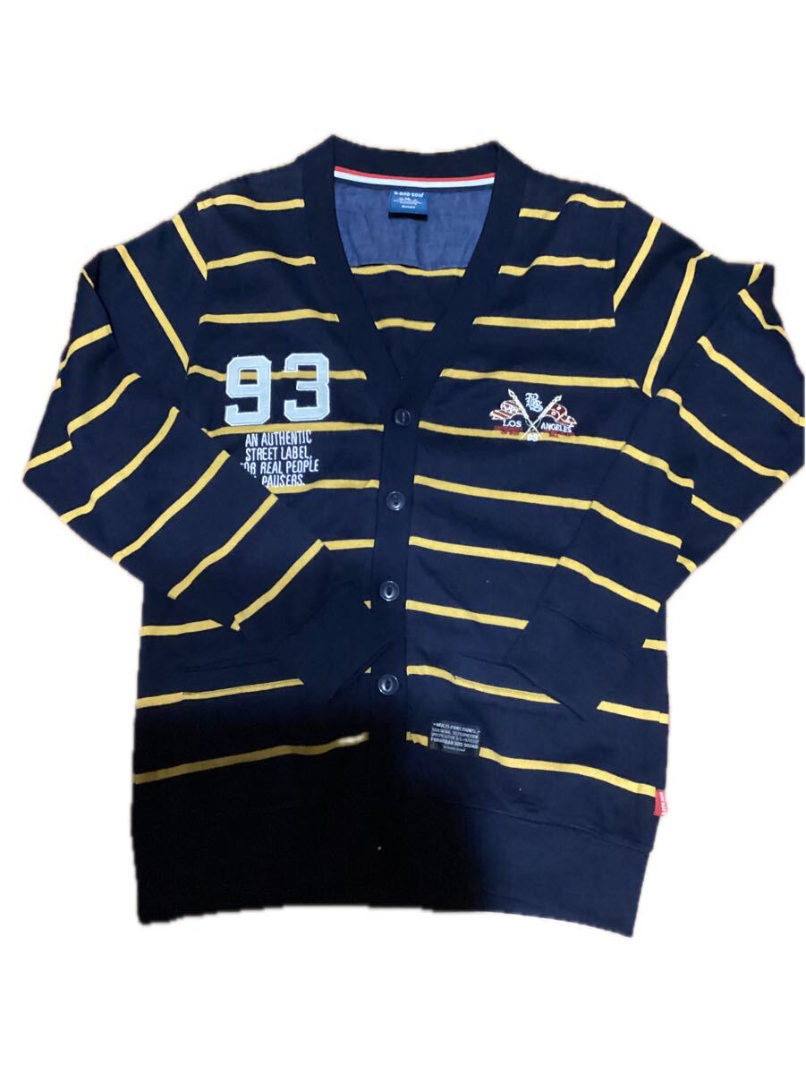 b-one-soul ボーダー カーディガン 紺×黄ライン ワッペン ロゴ刺繍 ストリート Sサイズ セーター ネイビー拍卖