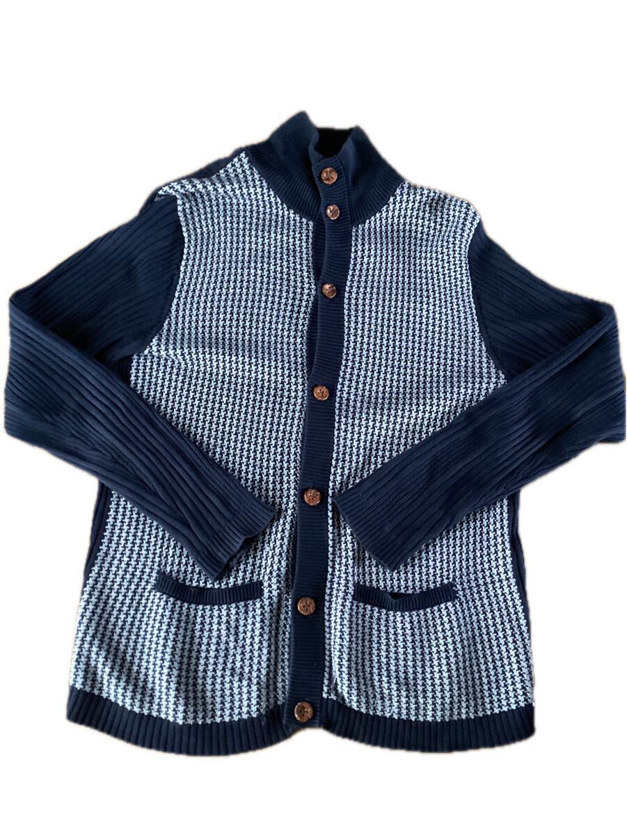 【美品】SHIPS シップス 千鳥格子×リブ切替デザイン カーディガン L コットン100% ネイビー系 羽織り 上着 黒 カーデ拍卖