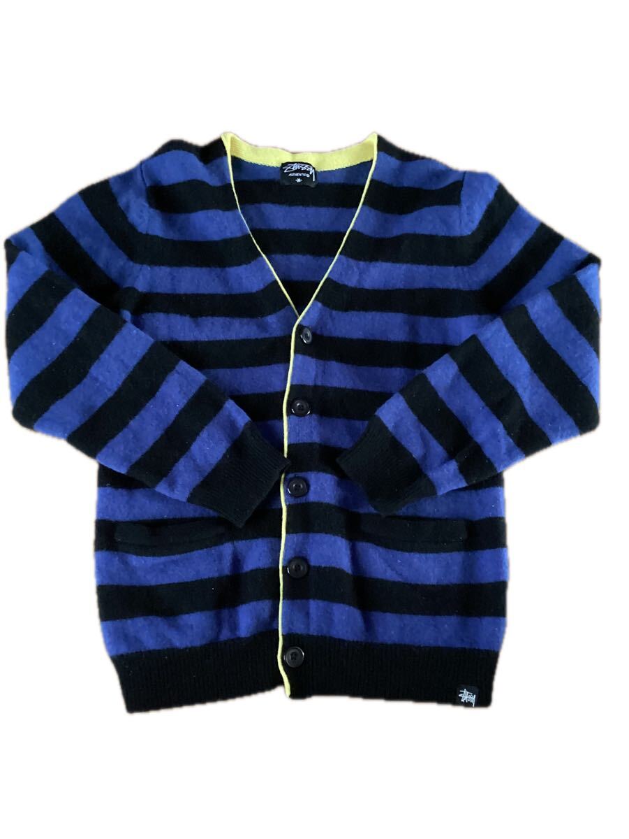 STUSSY ステューシー ボーダー カーディガン Mサイズ ブルー×ブラック ラムウール100% カーディガン セーター拍卖