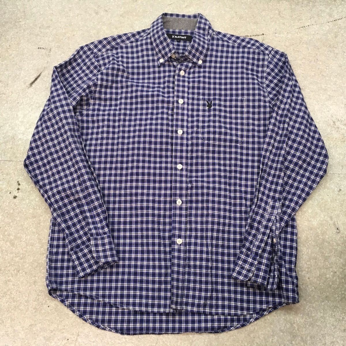 Q310 プレイボーイ 長袖シャツ チェック柄 メンズLL 黒パープル 拍卖