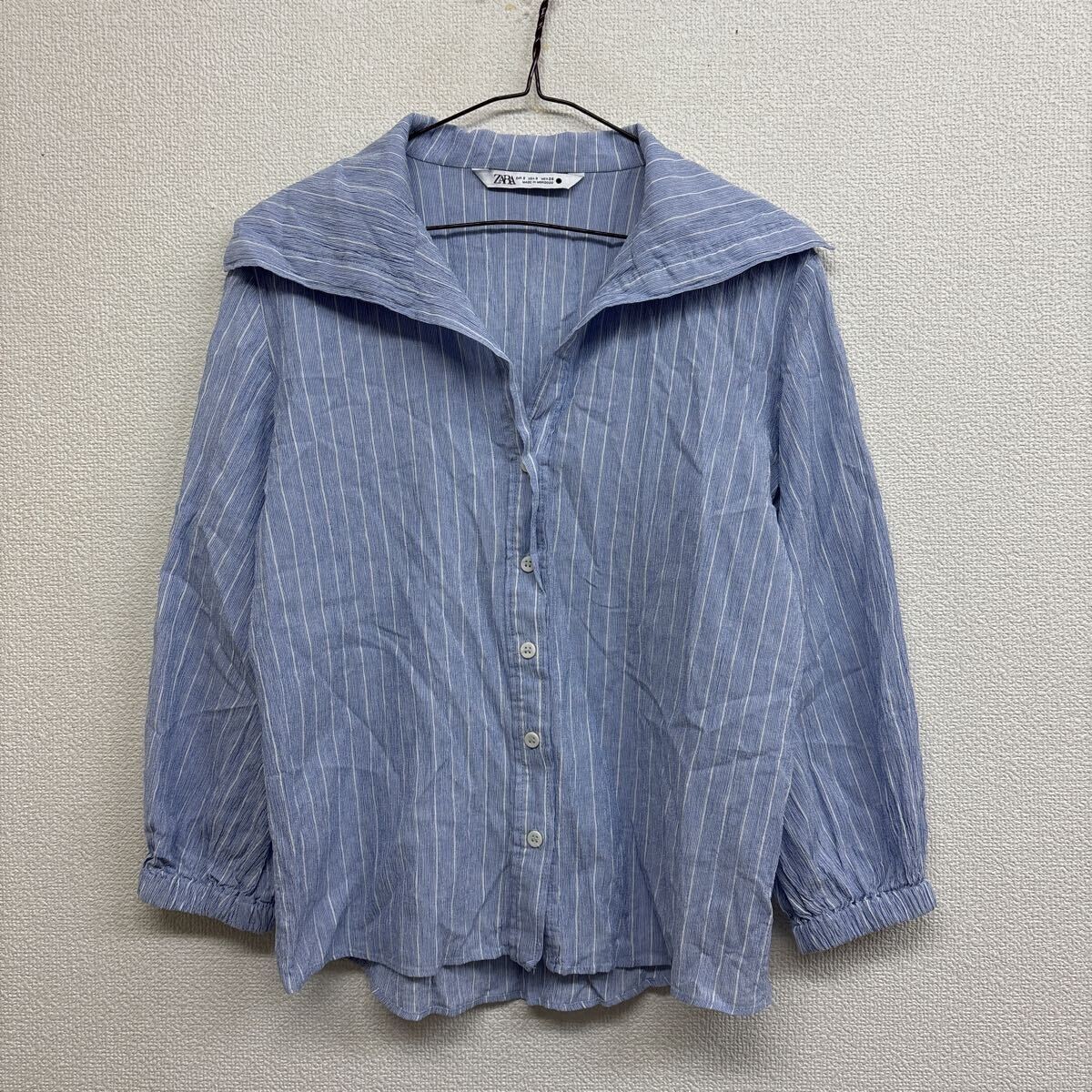 Q67 ZARA ザラ 長袖シャツ トップス 古着 ブルー ストライプ ブラウス レディース USAサイズ S拍卖