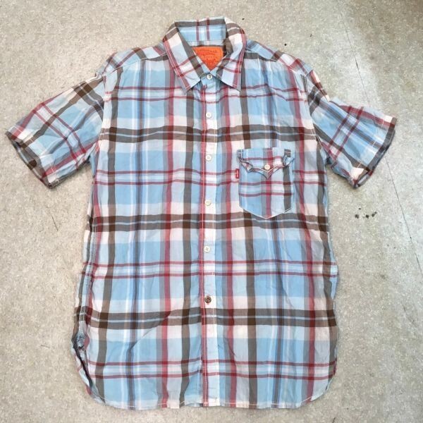 Q251 リーバイス 半袖シャツ 水色チェック 丈長め レディースL 拍卖