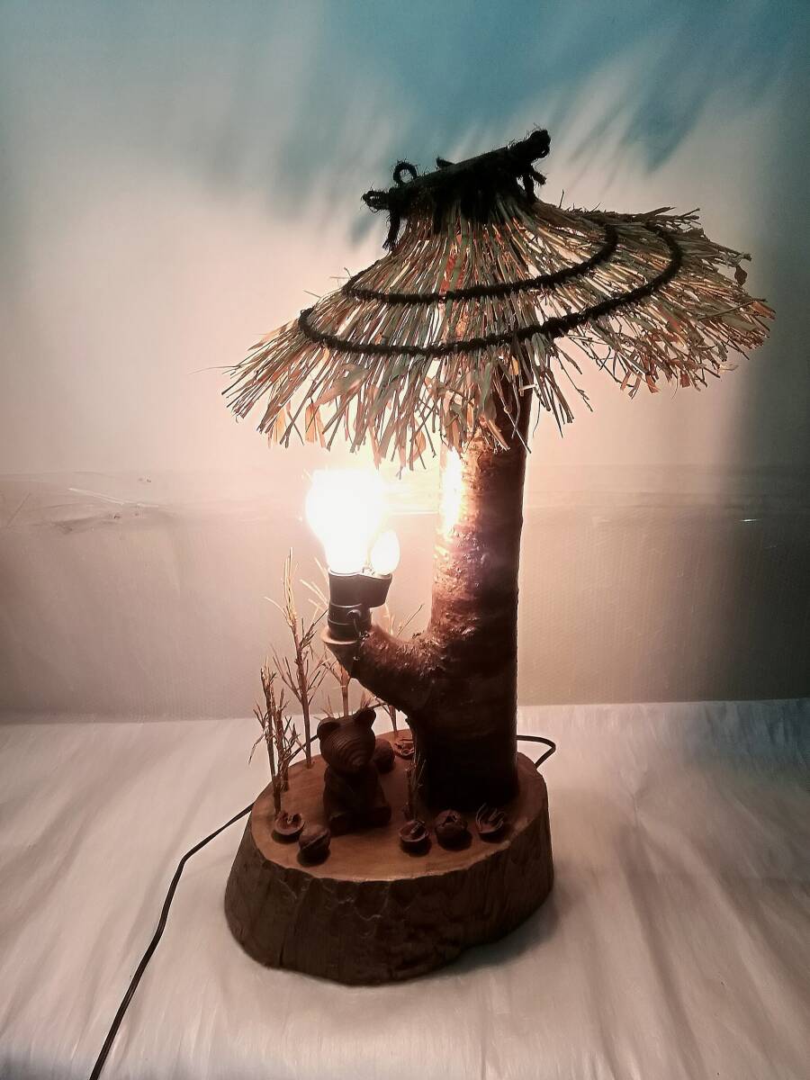 和風インテリア 置物 天然木 竹傘付き 卓上 灯り 木製置物 アンティーク 古民家 古民具 オブジェ (op)拍卖