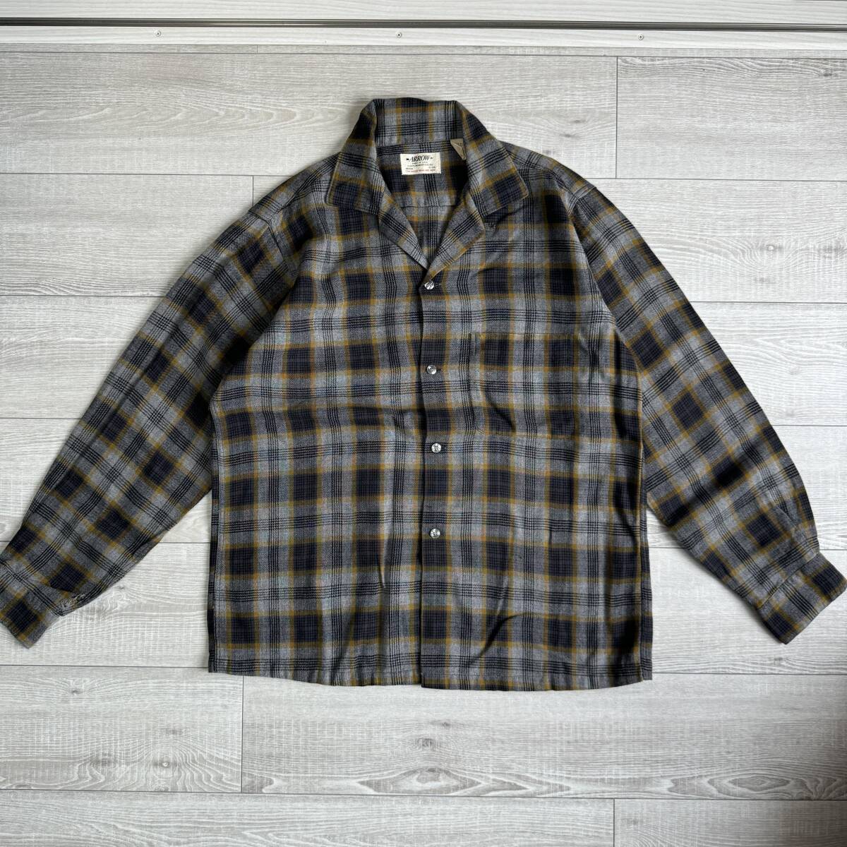 60's ARROW ウールシャツ オープンカラー 開襟シャツ Mサイズ アロー ループカラー イエロー ヴィンテージ オンブレチェック USA アメリカ拍卖