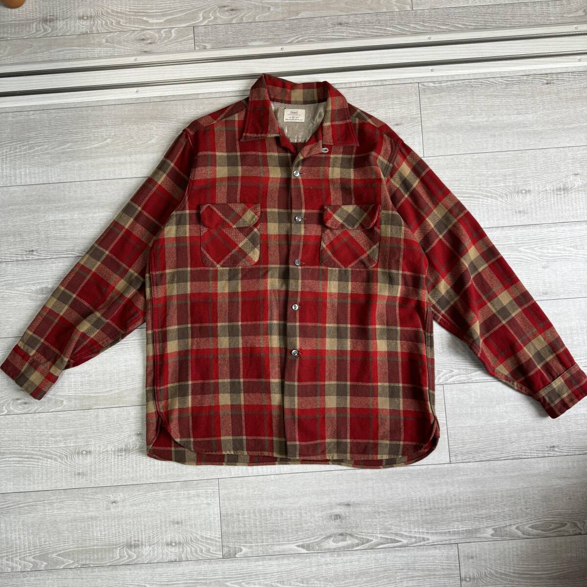 50's 60's SEARS シアーズ マチ付き ウールシャツ Lサイズ レッド オープンカラー 開襟 USA Vintage ヴィンテージ 古着 ストアブランド拍卖