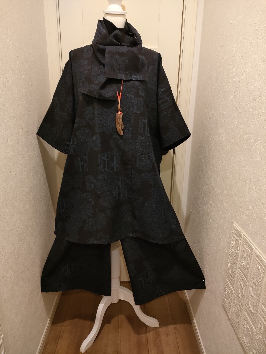 * 着物リメイク*アンティーク着物 結城紬 亀甲 竹 菊花文様 チュニック&パンツ ゆったりサイズ 拍卖