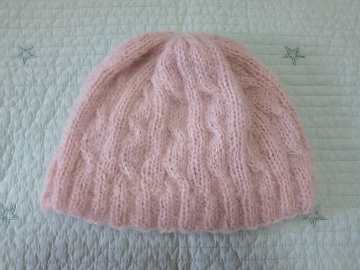 ハンドメイド手編み ウールモヘア ケーブル編み帽子 ニット帽 ベビーピンク拍卖