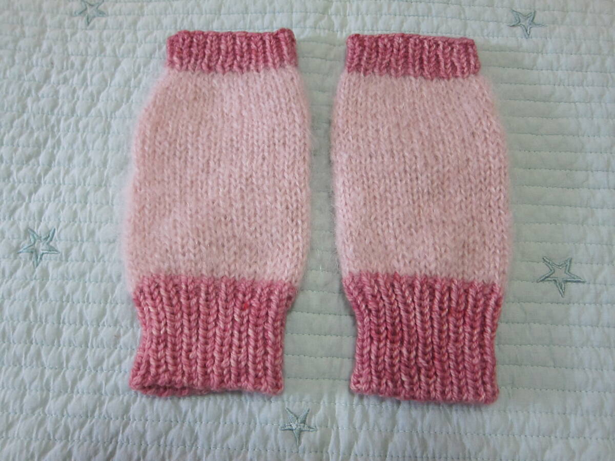 ハンドメイド手編み ウールモヘア メリノウール コンビ ハンドウォーマー ピンク×濃いピンク拍卖