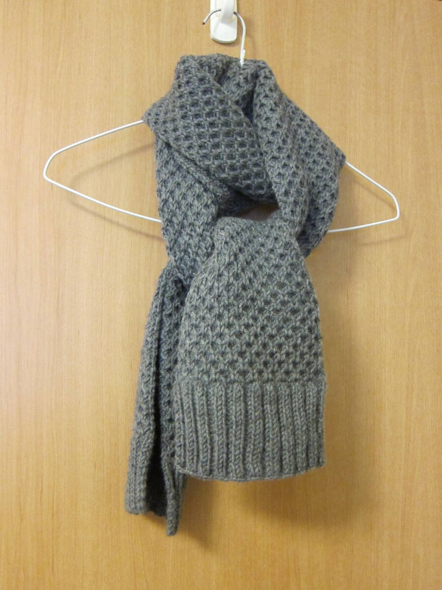 ハンドメイド手編み ウールアルパカ ハニカム編みロングマフラー グレー拍卖