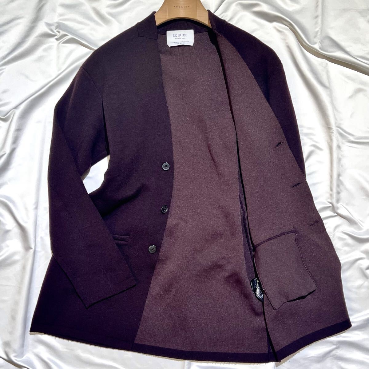 美品!!! EDIFICE【極上の着心地】エディフィス ノーカラー ロングコート ジャケット ニット ウール ワイン ボルドー Lサイズ C25拍卖