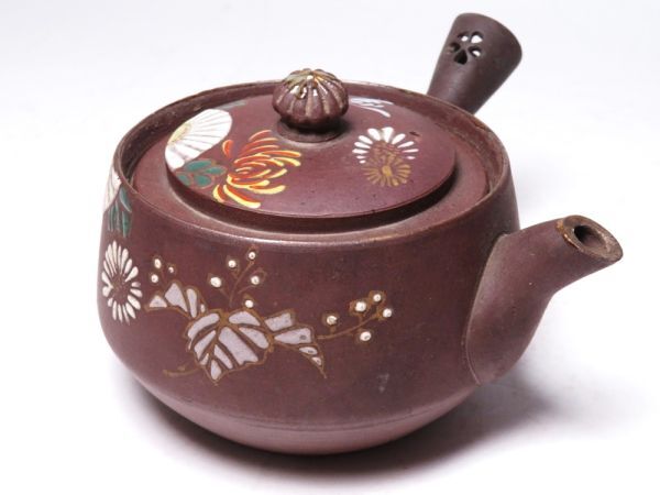 【12219】煎茶道具 萬古焼 菊花図 色絵 急須(初品・買取品)拍卖