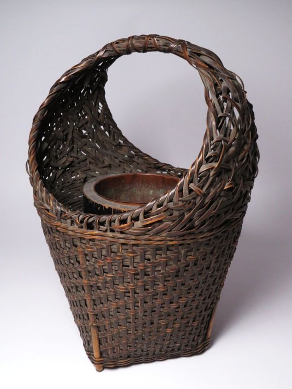 【12235】華道 明治期 竹網 花籠 花器(初品・買取品)拍卖