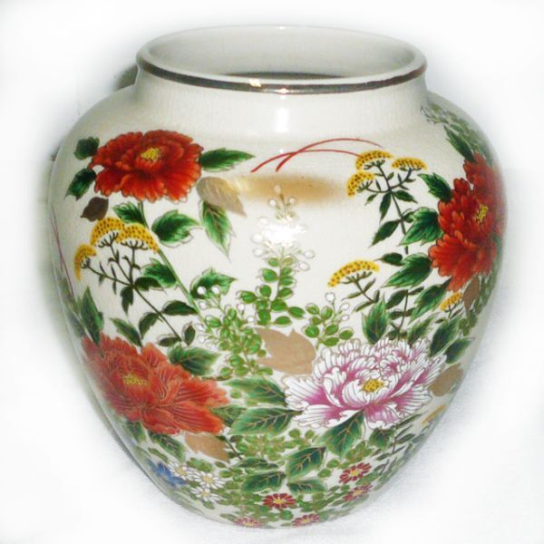 花器 花瓶 陶器 久谷錦栄 飾り インテリア 置物 花柄 ▽拍卖