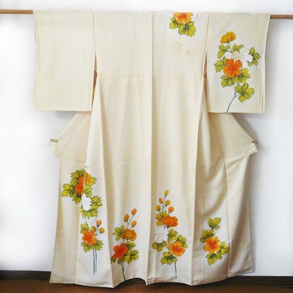 和装 着物 袷 正絹 付け下げ 花柄 橙系 仕立て上がり お茶会 女性 はぎれ リメイク ▽拍卖