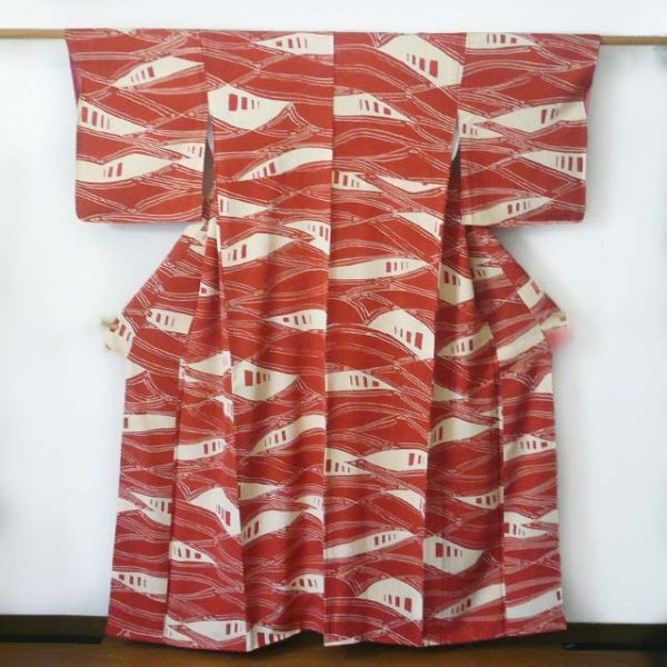 和装 着物 袷 正絹 付け下げ 桃赤系 仕立て上がり お茶会 女性 ▽拍卖