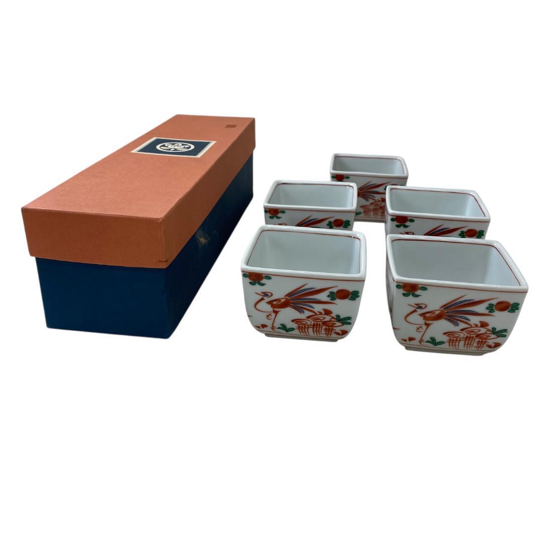 yy53 たち吉 鶴 花模様 赤絵 角小鉢 5客 陶器食器セット拍卖