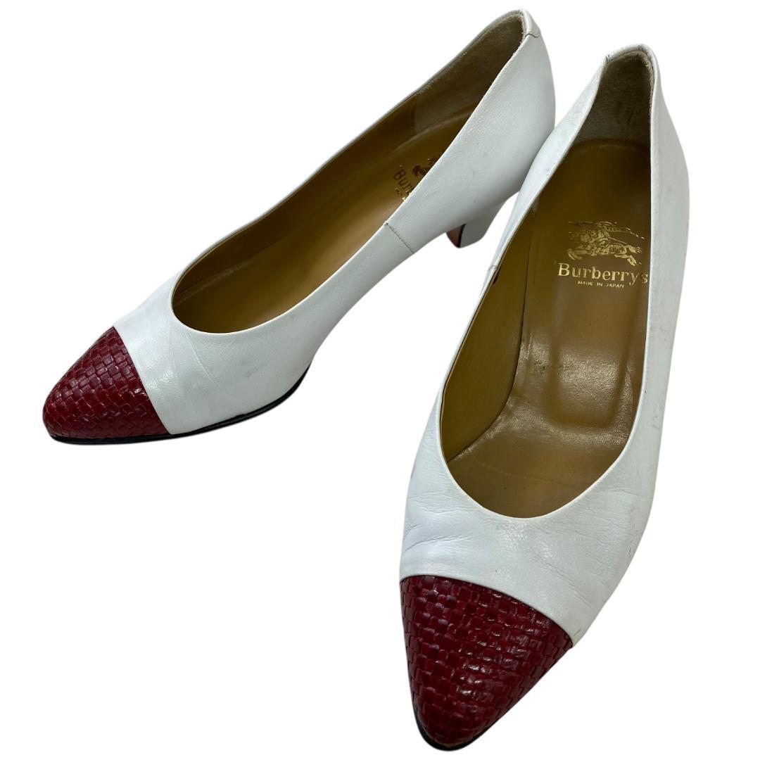 yy55 Burberry ホワイト/レッド パンプス レザー 22cm拍卖