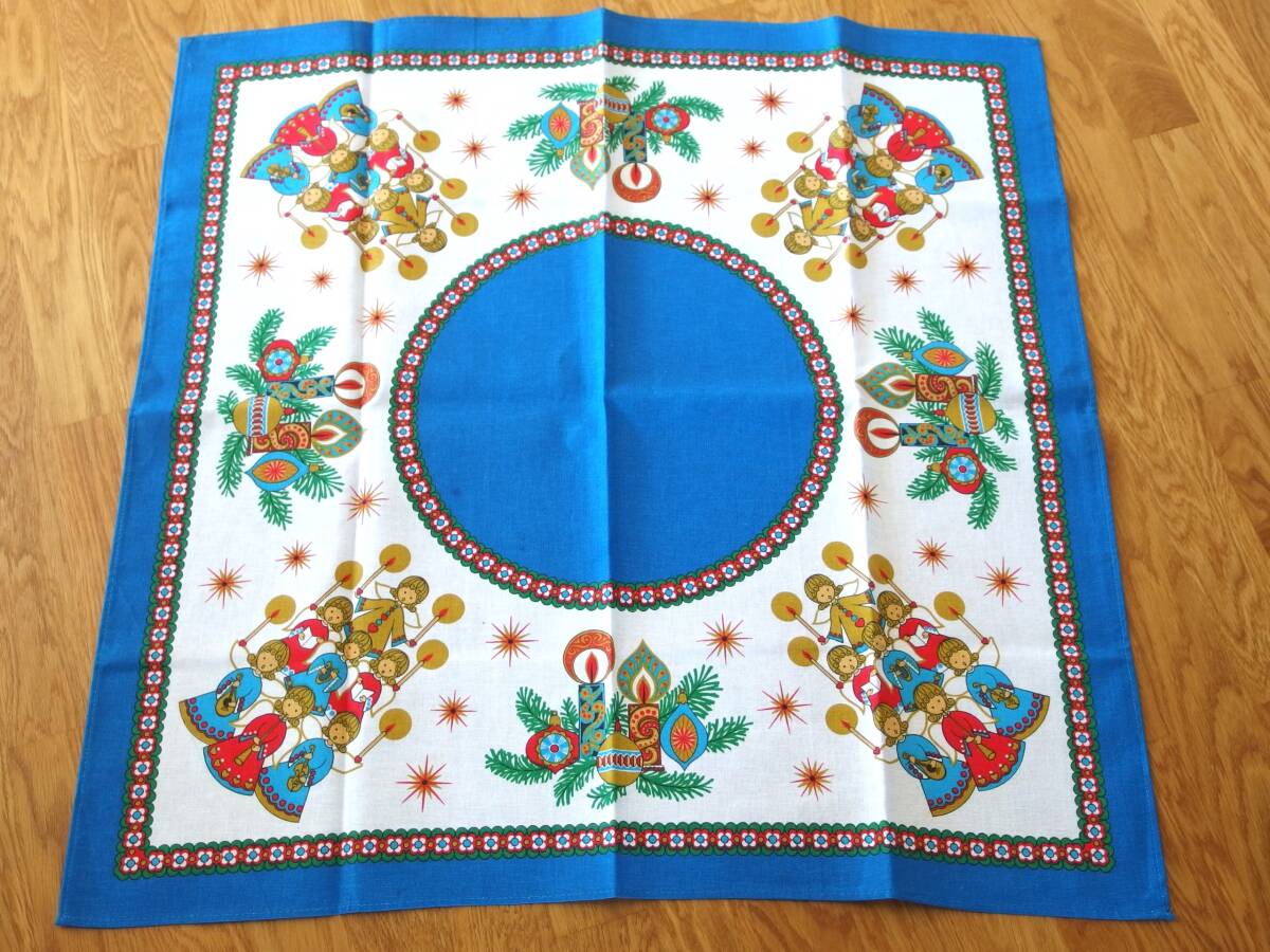 北欧/スイス/ドイツ製 クリスマス時期用 テーブルクロス/テーブルセンター 78cmx78cm (アネモネ、エンジェルとキャンドル、ブルー/青色) 拍卖