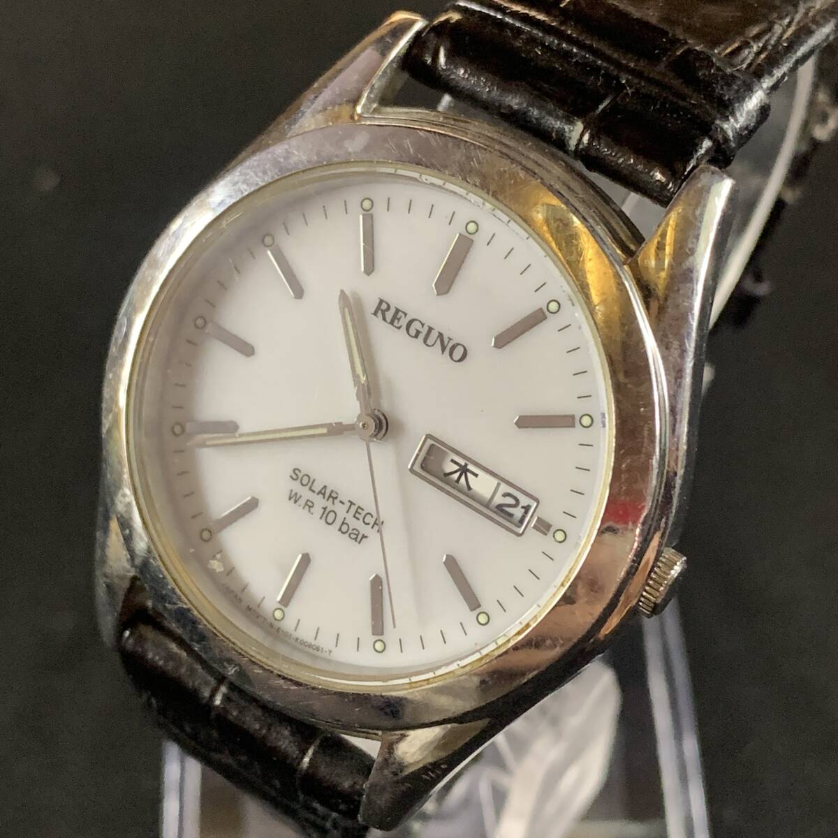 【0118】REGUNO GN-4-S ソーラー 稼働 白文字盤 アナログ3針 レザーベルト劣化あり拍卖