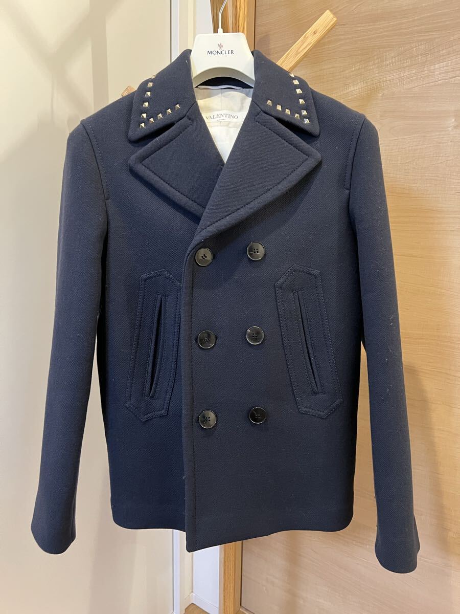 VALENTINO ヴァレンティノ ピーコート ハーフコート ネイビー 紺 44 ロックスタッズ Pコート ウール ジャケット拍卖