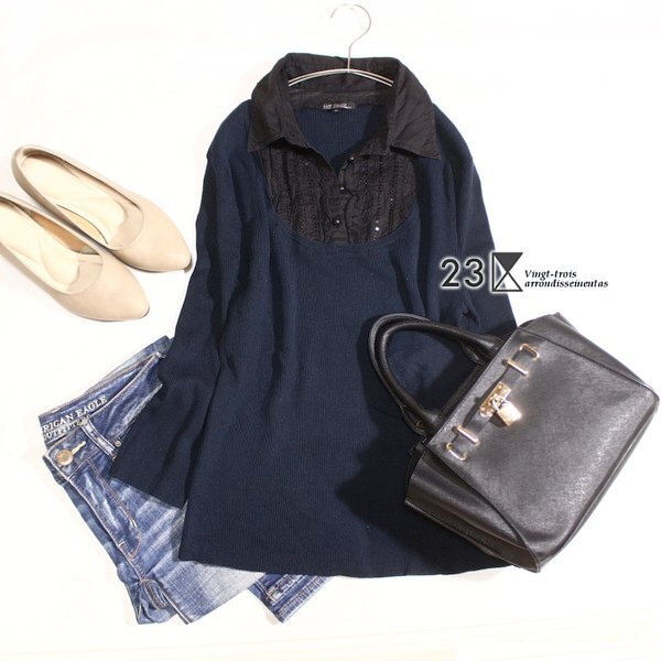 美品 オンワード樫山 23区 大きいサイズ 44号 綺麗め フェイクレイヤード リブストレッチ ニット プルオーバー 2XL 春 秋 25C10拍卖