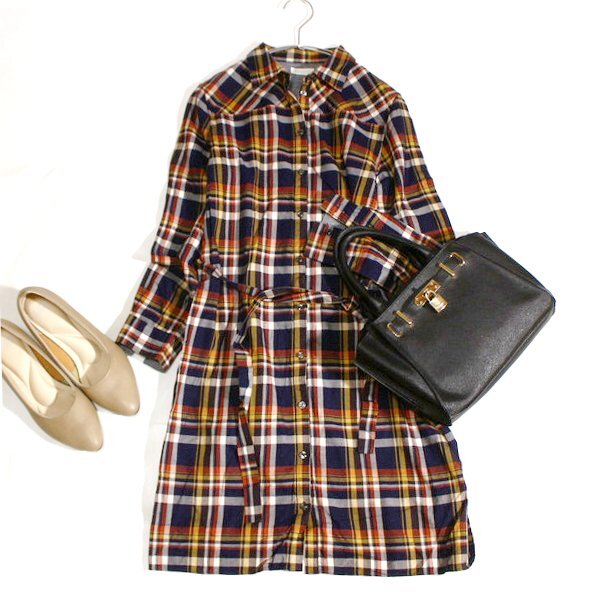 美品 MACKINTOSH PHILOSOPHY マッキントッシュ フィロソフィー 大人可愛い 紐ベルト付き コットン シャツワンピース 1号 春 秋 25D10拍卖