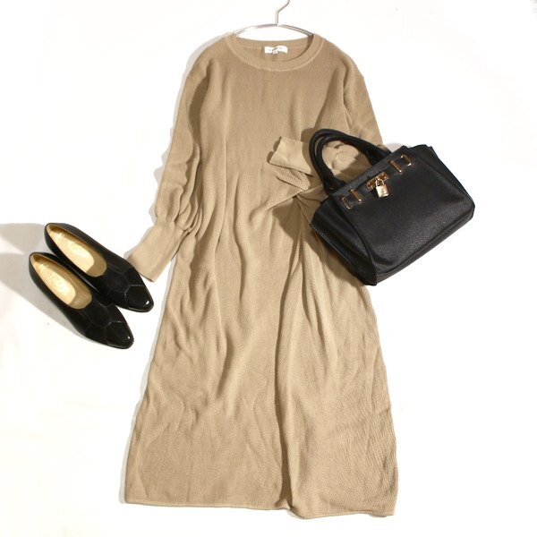 美品 NATURAL BEAUTY BASIC ナチュラルビューティーベーシック ウエストツイスト コットン ニット ワンピース M 春 秋 25A11拍卖