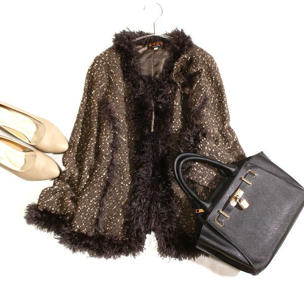 美品 EVEX by KRIZIA エヴェックス バイ クリツィア 起毛ウール フェイクファー ジャケット 40号 L 秋 冬 25A11拍卖