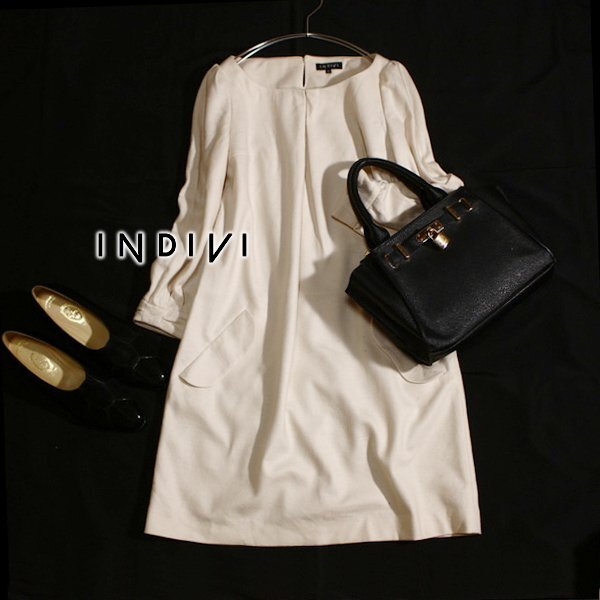 美品 INDIVI インディヴィ ウール100% フラノ生地 綺麗め ワンピース 03号 L 秋 冬 25A11拍卖