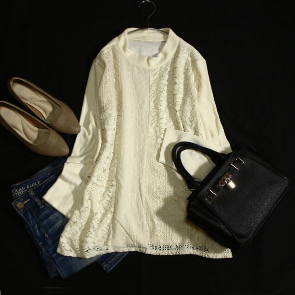 美品 レナウン element of SIMPLE LIFE レース切り替え ベロア カットソー L 秋 冬 25B11拍卖