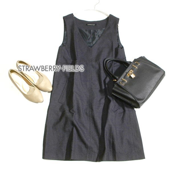 美品 STRAWBERRY-FIELDS ストロベリーフィールズ 綺麗め ウール スーツ生地 ワンピース 2号 M 秋 冬 25C11拍卖