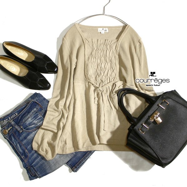 美品 Courregesクレージュ 綺麗め リブ・ギャザー ニット プルオーバー 38号 M 春 秋 25C11拍卖