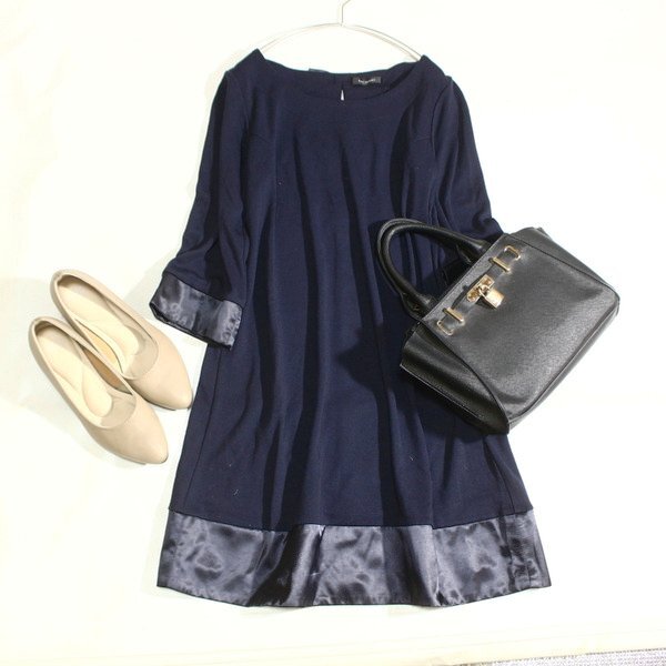 美品 Ray BEAMS レイ ビームス 大人可愛い バックリボン サテン切り替え ジャージーストレッチ ワンピース F 春 秋 25C11拍卖