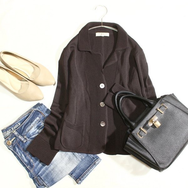 美品 Paul Stuart ポールスチュアート 綺麗め ストレッチ ニット ジャケット 6号 春 秋 25C11拍卖