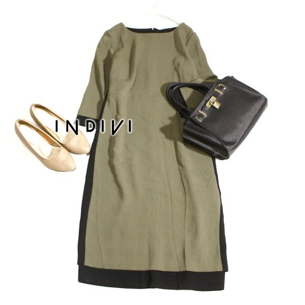 美品 INDIVI インディヴィ 2Wayリバーシブル さらっと スーツ生地 ワンピース 38号 M 春 秋 25D10拍卖
