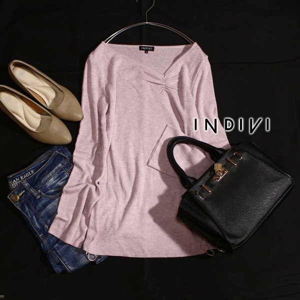 美品 INDIVI インディヴィ アンゴラ混紡 ギャザー・ドロスト ニット プルオーバー 38号 M 春 秋 合服 25D10拍卖