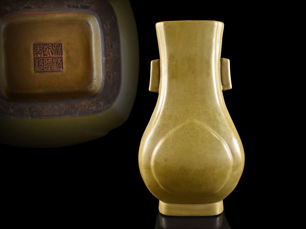 【雲】某収集家放出品 大清乾隆年製 唐物 蕎麦釉 耳付 花瓶 高さ34.7㎝ 在銘 古美術品(中国古美術 花器 花入)AY6260 LTfde拍卖