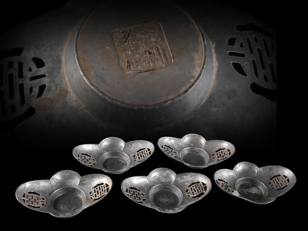 【雲】某収集家放出品 全利老店 古錫製 木瓜形 喜字 茶托 5客 在銘 古美術品(中国古玩 唐物 煎茶道具)AY6257 LTDokj拍卖