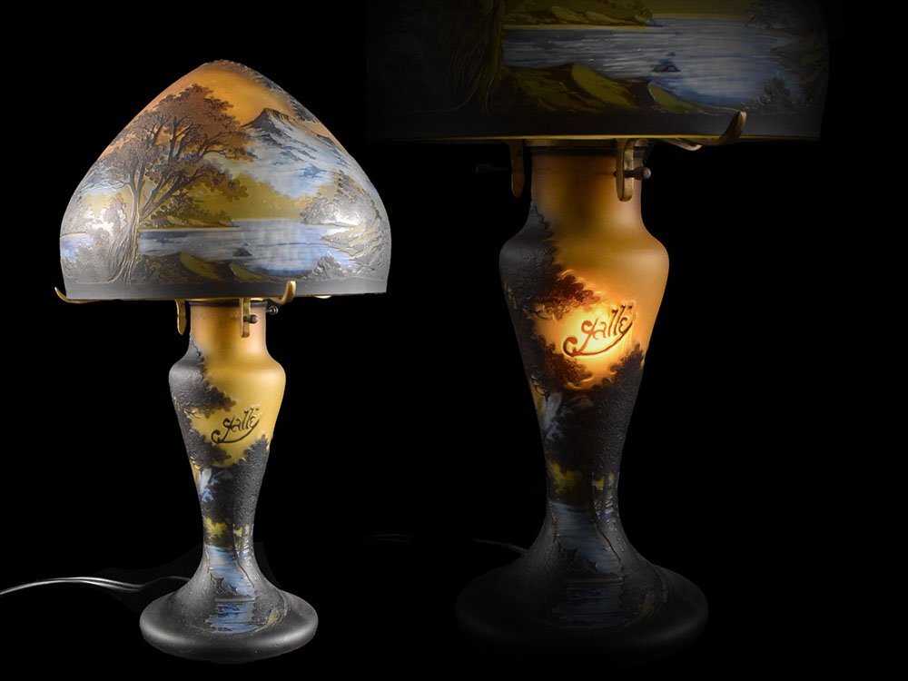 【雲】某名家買取品 人気硝子作家 エミール・ガレ Emile Galle 風景彫刻 スタンドライト 照明 古美術品(ランプ)Y7567 OTbhgfd拍卖