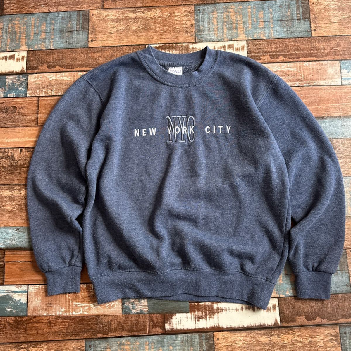 WALI NYC刺繍 スウェット 裏起毛 ネイビー sサイズ アメカジ古着  スウェット トレーナー拍卖