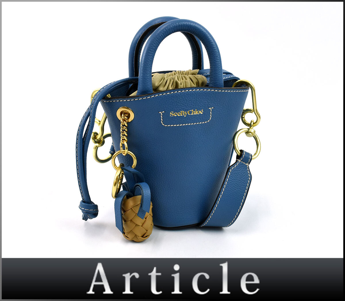 502089□美品 SEE BY CHLOE シーバイクロエ パイナップル セシリア 2WAYバッグ ハンドバッグ ショルダーバッグ レザー ブルー 巾着型/ B拍卖