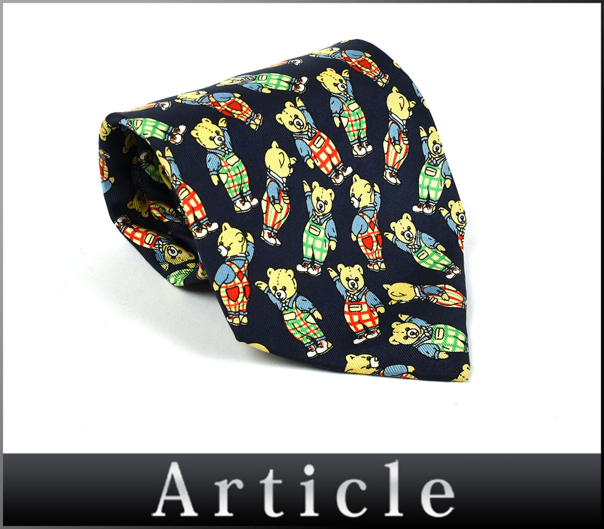 240582□美品 FENDI フェンディ テディベア柄 ネクタイ シルク ネイビー マルチカラー メンズ ファッション 総柄 ベア 熊 くま/ G拍卖