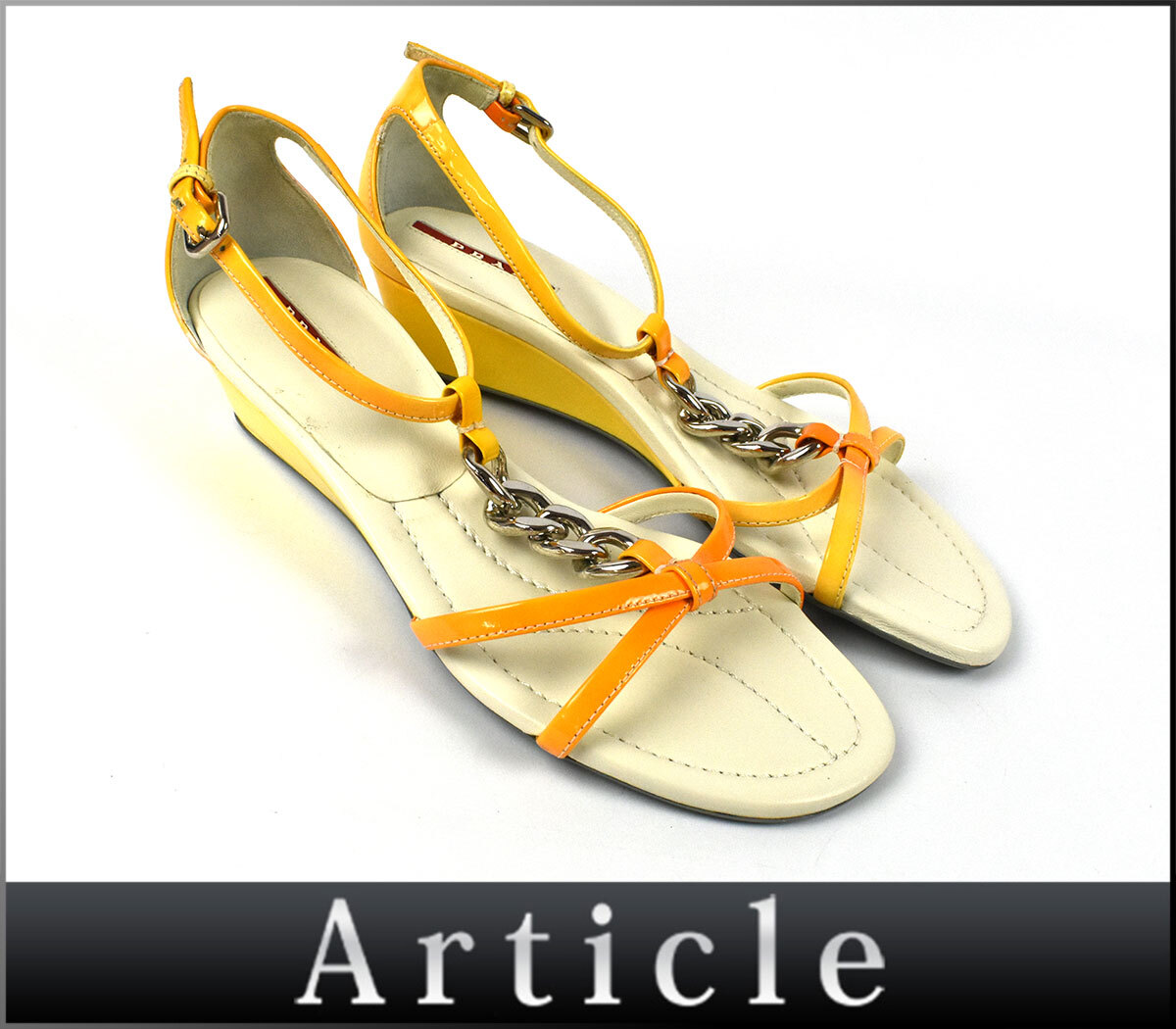 239727〇 PRADA プラダ スポーツ ストラップ サンダル 靴 パテントレザー オレンジ イエロー レディース チェーン ローヒール/ F拍卖