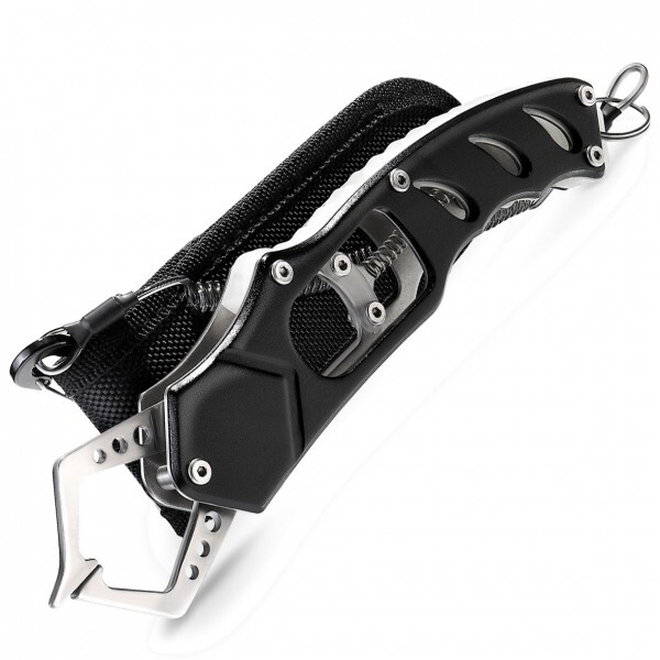 【送料185円】※訳アリ※ミドル フィッシュグリップ | 防錆 ステンレス 蛍光 |安全ロープ ケース カラビナ 付|魚つかみ グリップ Mg-Bla-拍卖