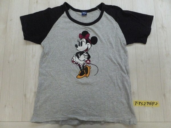 DISNEY ディズニー レディース ミニー刺繍 ラグラン 半袖Tシャツ L 杢グレー黒拍卖