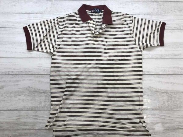 チャップス ラルフローレン CHAPS RALPH LAUREN アメカジ ボーダー トリム 鹿の子 半袖ポロシャツ メンズ コットン混 日本製 M エンジ拍卖