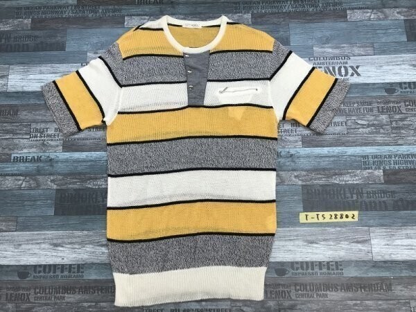 CITY ROAD レディース ボーダー 薄手 ニット カットソー L 黄色グレーアイボリー拍卖
